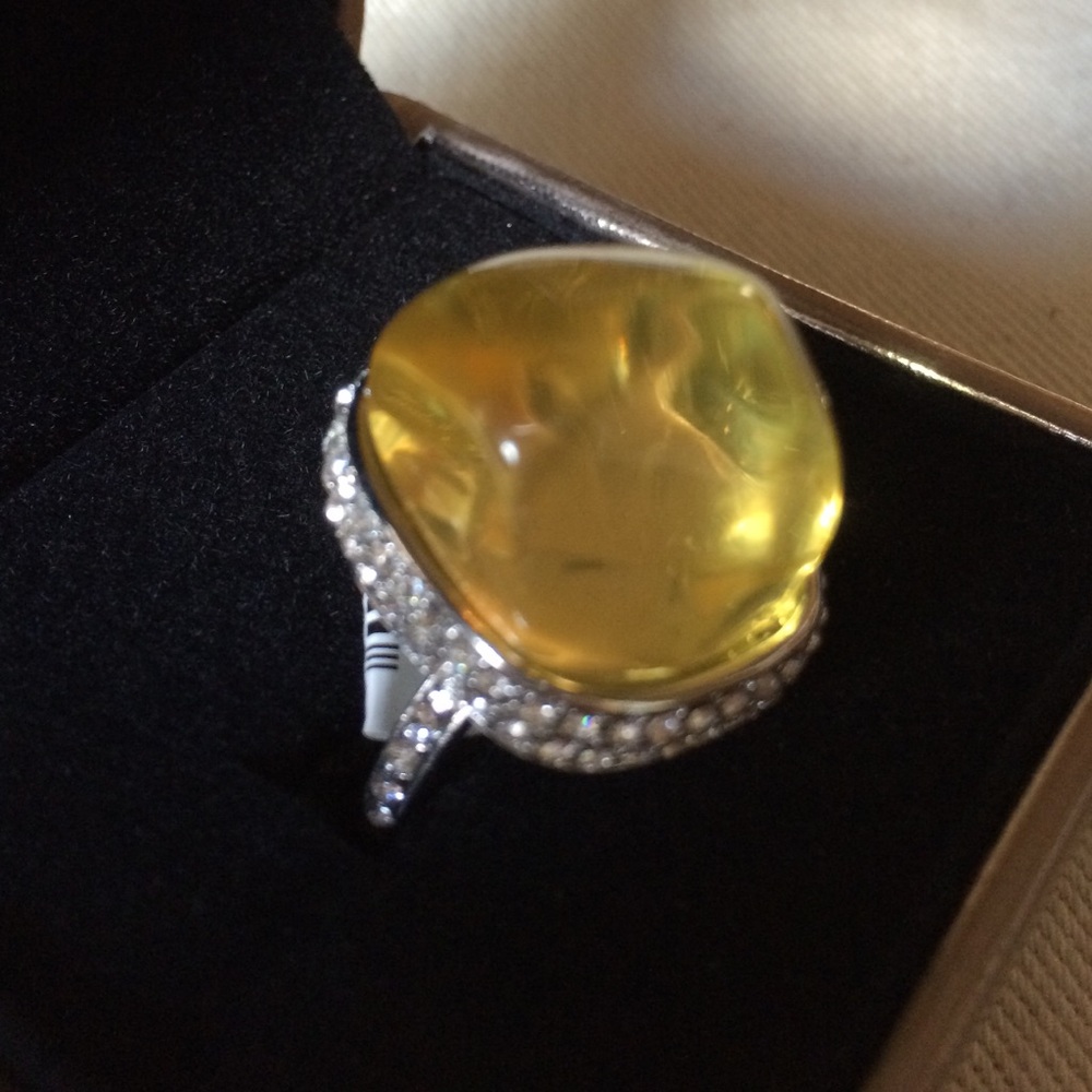 Kenneth Jay Lane Silver-Tone Ring with Yellow Cabochon and Clear Rhinestones